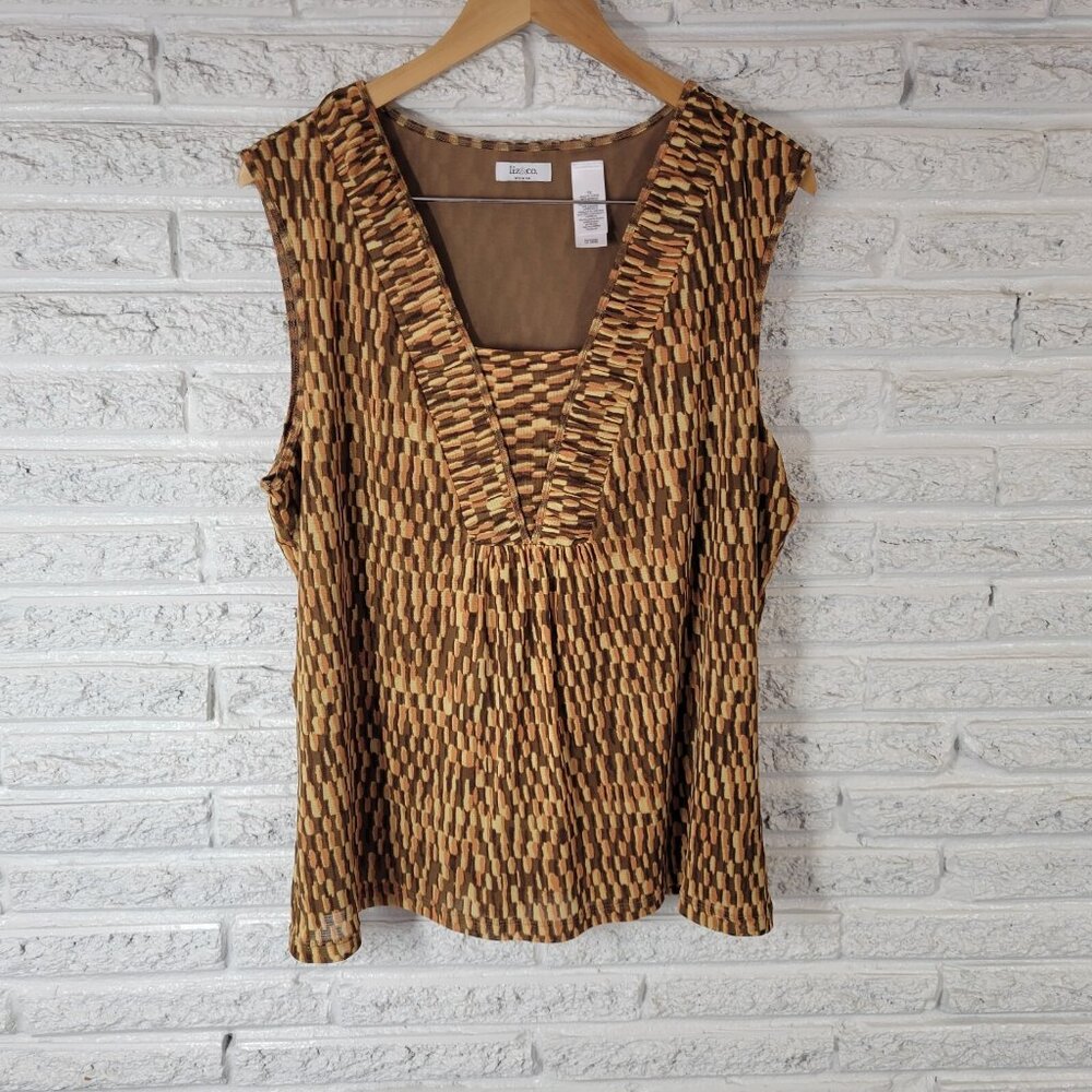 Liz & Co Plus 3X Brown Geometric Tank Top Square Neck Sheer Stretch GEO83E